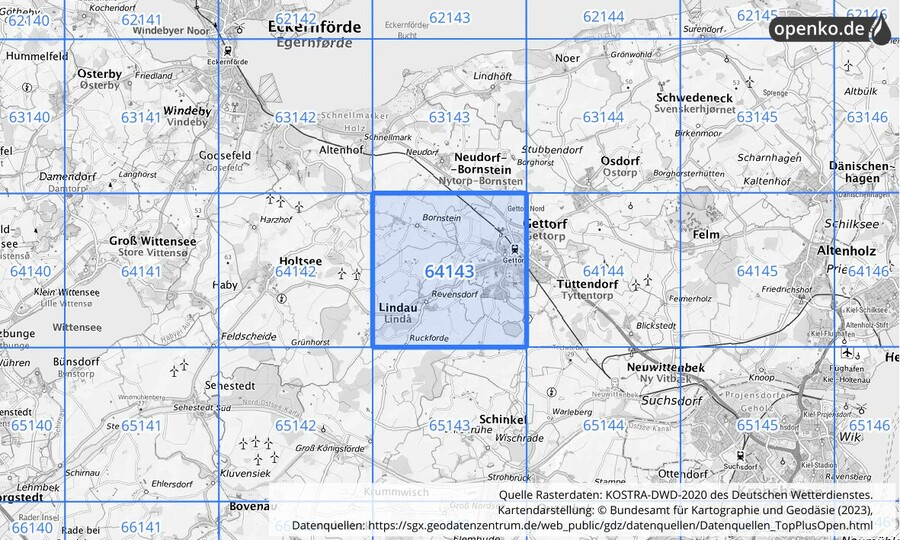 Übersichtskarte des KOSTRA-DWD-2020-Rasterfeldes Nr. 64143