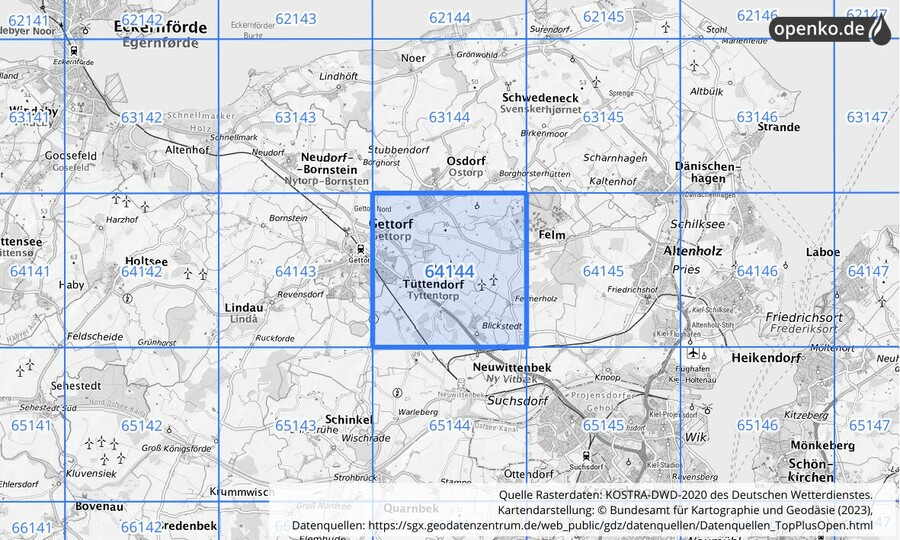 Übersichtskarte des KOSTRA-DWD-2020-Rasterfeldes Nr. 64144