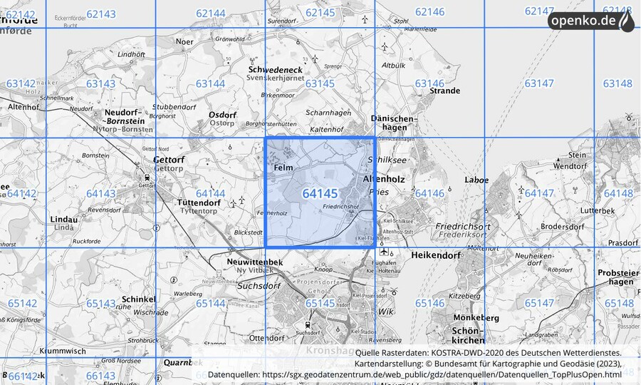 Übersichtskarte des KOSTRA-DWD-2020-Rasterfeldes Nr. 64145