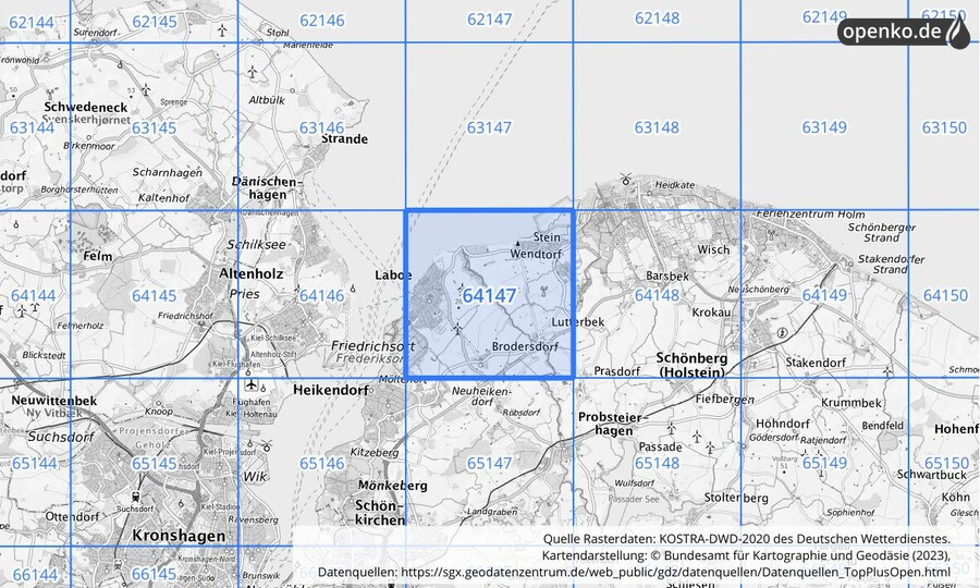 Übersichtskarte des KOSTRA-DWD-2020-Rasterfeldes Nr. 64147