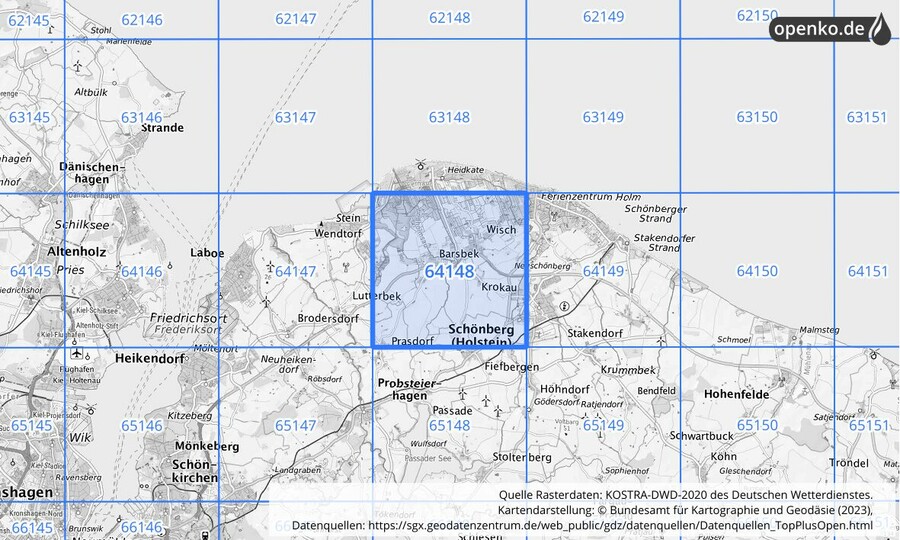 Übersichtskarte des KOSTRA-DWD-2020-Rasterfeldes Nr. 64148