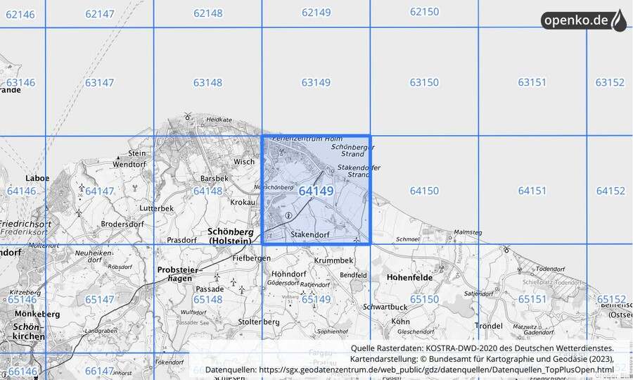 Übersichtskarte des KOSTRA-DWD-2020-Rasterfeldes Nr. 64149