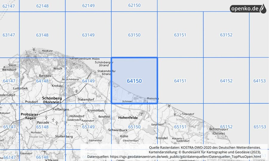 Übersichtskarte des KOSTRA-DWD-2020-Rasterfeldes Nr. 64150
