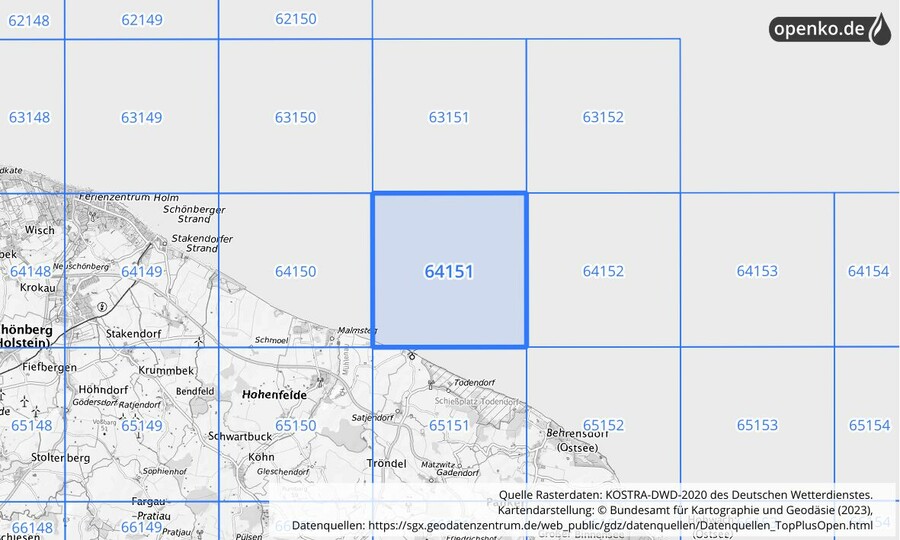 Übersichtskarte des KOSTRA-DWD-2020-Rasterfeldes Nr. 64151