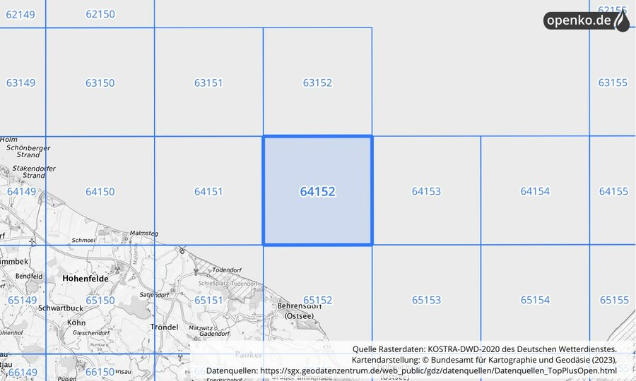 Übersichtskarte des KOSTRA-DWD-2020-Rasterfeldes Nr. 64152