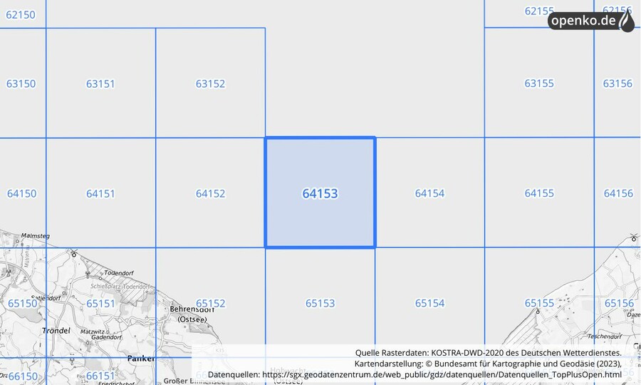 Übersichtskarte des KOSTRA-DWD-2020-Rasterfeldes Nr. 64153