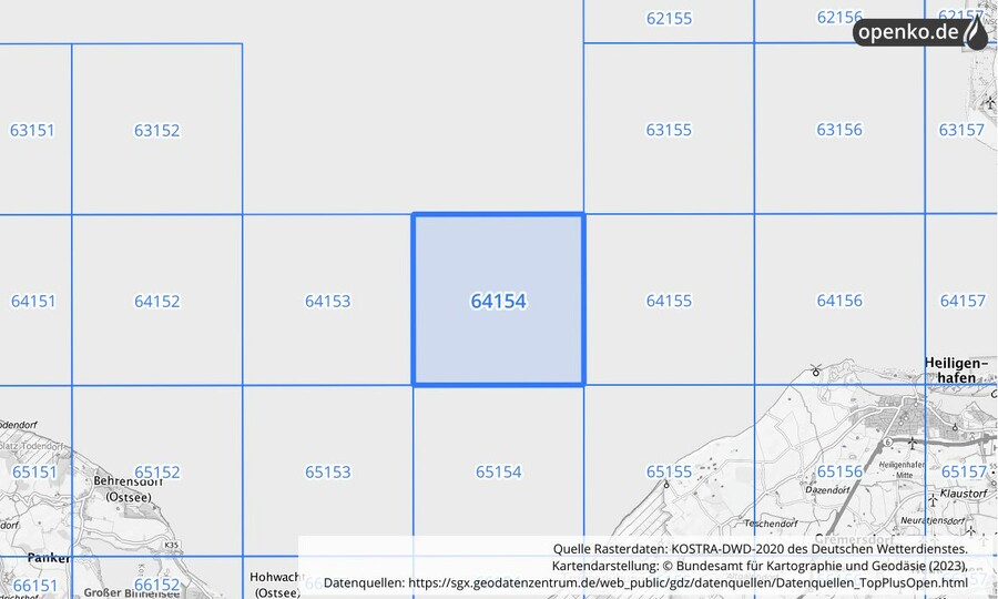 Übersichtskarte des KOSTRA-DWD-2020-Rasterfeldes Nr. 64154