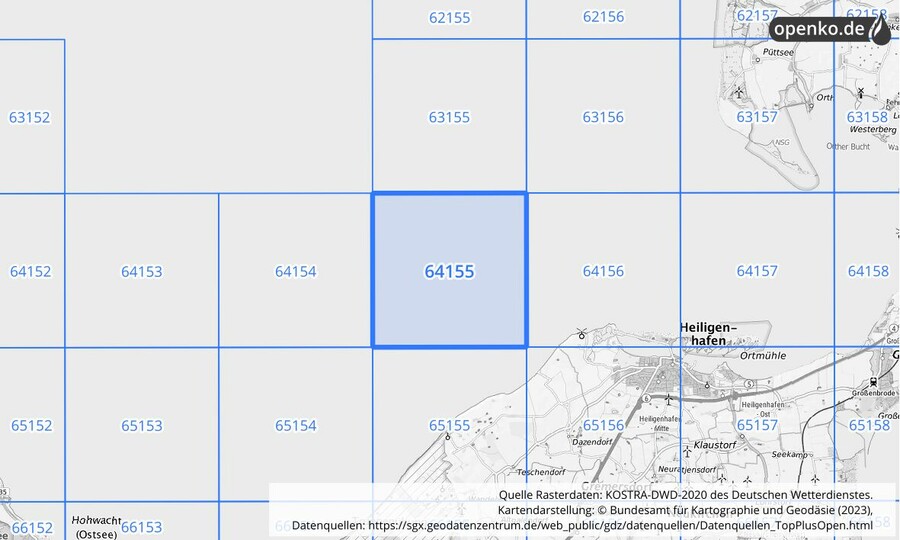 Übersichtskarte des KOSTRA-DWD-2020-Rasterfeldes Nr. 64155