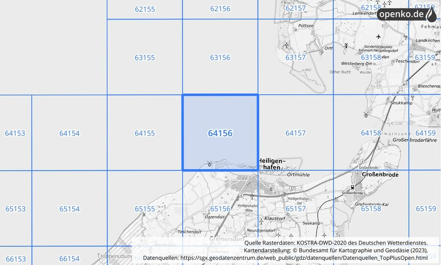 Übersichtskarte des KOSTRA-DWD-2020-Rasterfeldes Nr. 64156