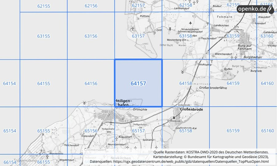 Übersichtskarte des KOSTRA-DWD-2020-Rasterfeldes Nr. 64157