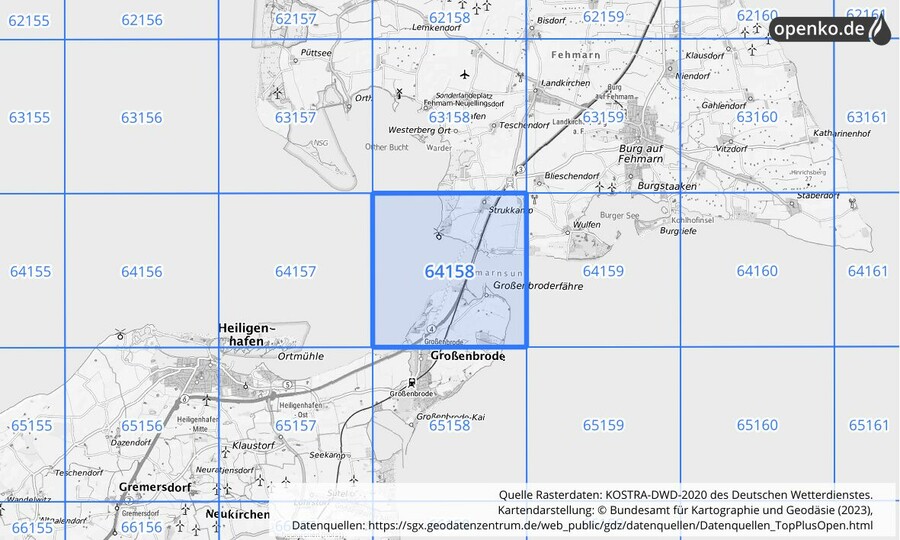 Übersichtskarte des KOSTRA-DWD-2020-Rasterfeldes Nr. 64158
