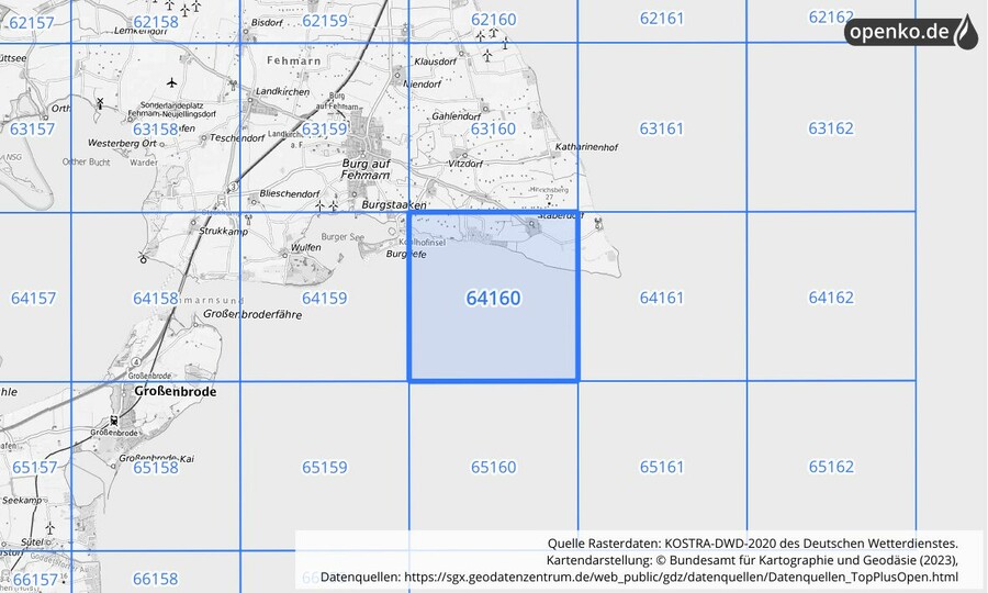 Übersichtskarte des KOSTRA-DWD-2020-Rasterfeldes Nr. 64160