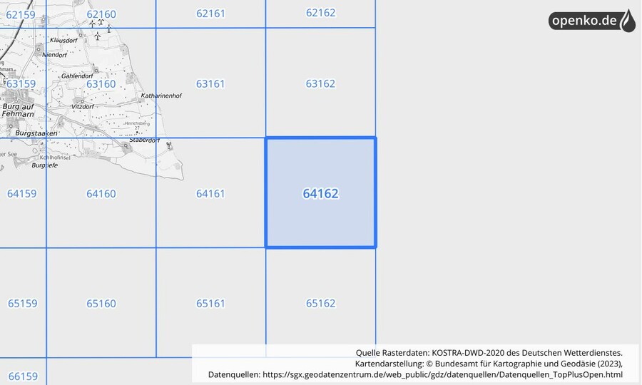 Übersichtskarte des KOSTRA-DWD-2020-Rasterfeldes Nr. 64162