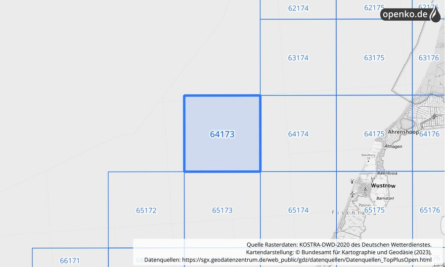 Übersichtskarte des KOSTRA-DWD-2020-Rasterfeldes Nr. 64173