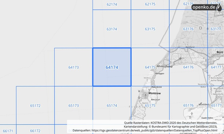 Übersichtskarte des KOSTRA-DWD-2020-Rasterfeldes Nr. 64174