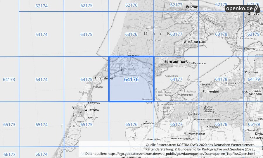 Übersichtskarte des KOSTRA-DWD-2020-Rasterfeldes Nr. 64176