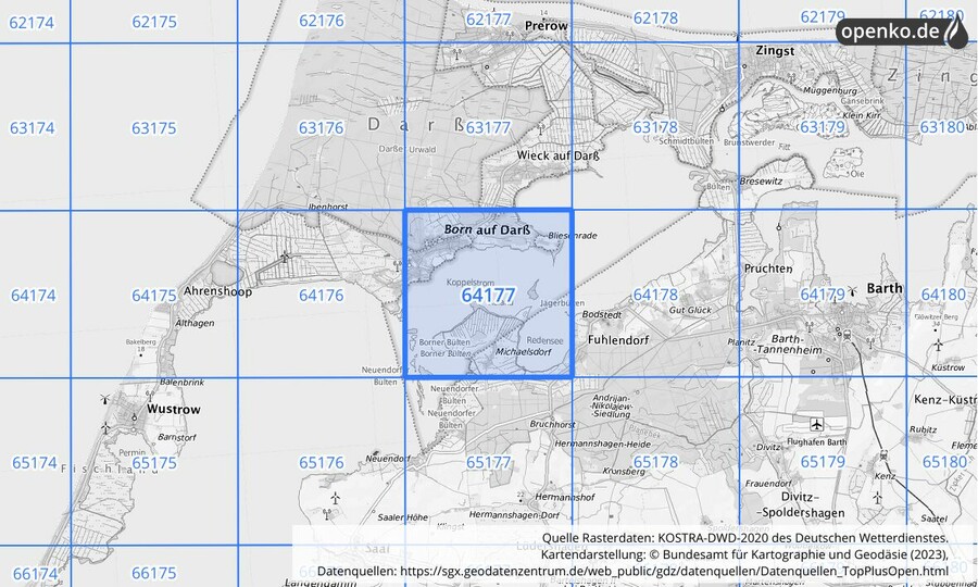 Übersichtskarte des KOSTRA-DWD-2020-Rasterfeldes Nr. 64177