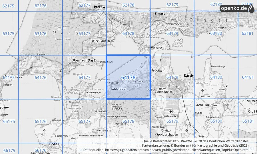 Übersichtskarte des KOSTRA-DWD-2020-Rasterfeldes Nr. 64178