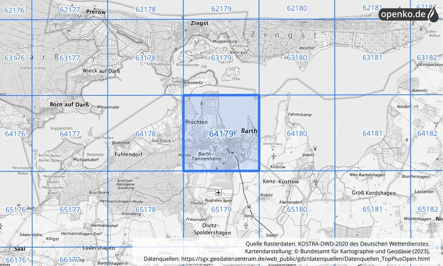 Übersichtskarte des KOSTRA-DWD-2020-Rasterfeldes Nr. 64179