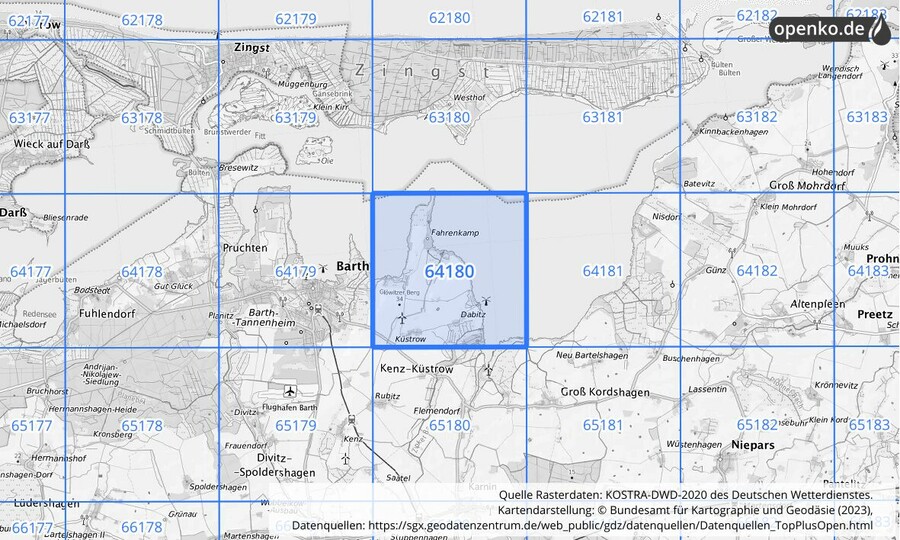 Übersichtskarte des KOSTRA-DWD-2020-Rasterfeldes Nr. 64180