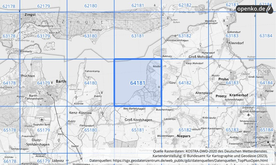 Übersichtskarte des KOSTRA-DWD-2020-Rasterfeldes Nr. 64181