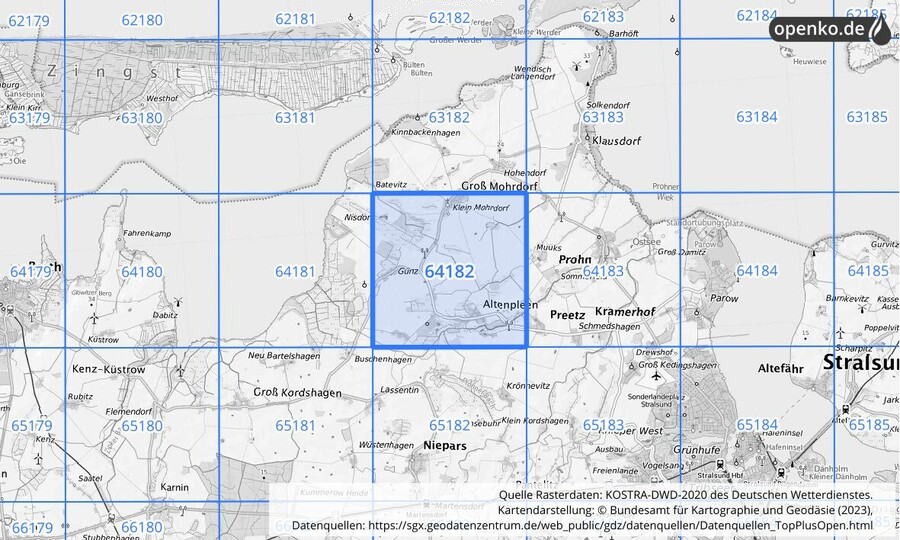 Übersichtskarte des KOSTRA-DWD-2020-Rasterfeldes Nr. 64182