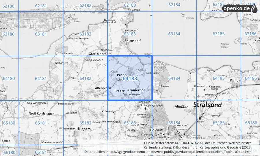 Übersichtskarte des KOSTRA-DWD-2020-Rasterfeldes Nr. 64183