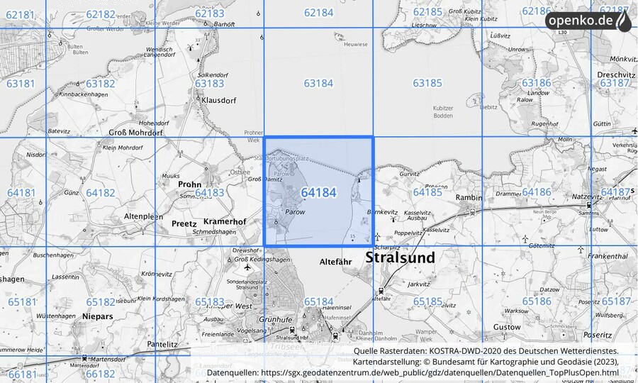 Übersichtskarte des KOSTRA-DWD-2020-Rasterfeldes Nr. 64184