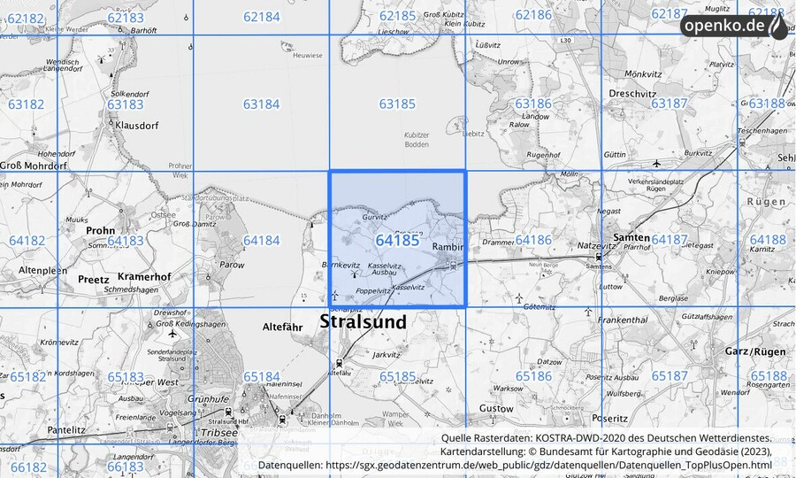 Übersichtskarte des KOSTRA-DWD-2020-Rasterfeldes Nr. 64185