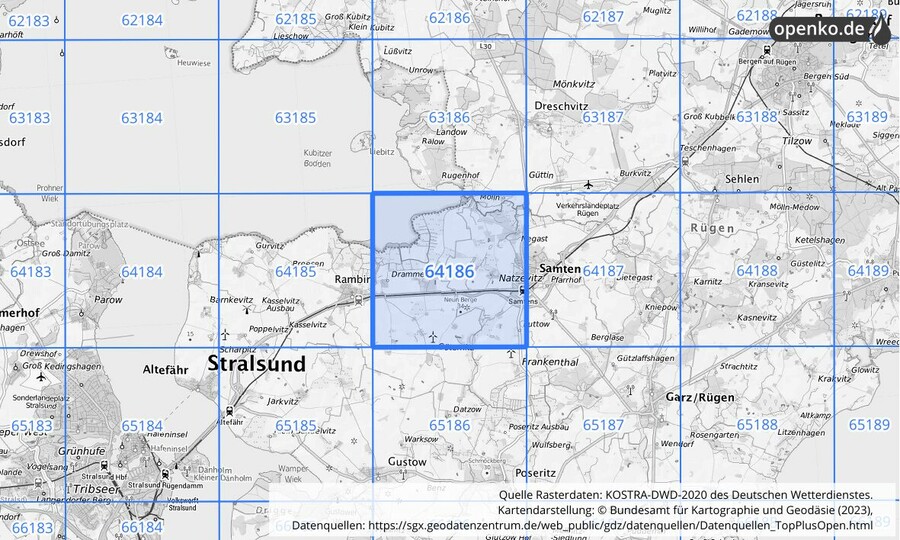 Übersichtskarte des KOSTRA-DWD-2020-Rasterfeldes Nr. 64186