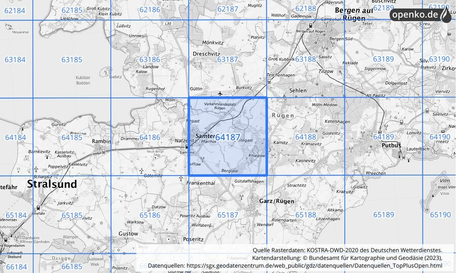 Übersichtskarte des KOSTRA-DWD-2020-Rasterfeldes Nr. 64187