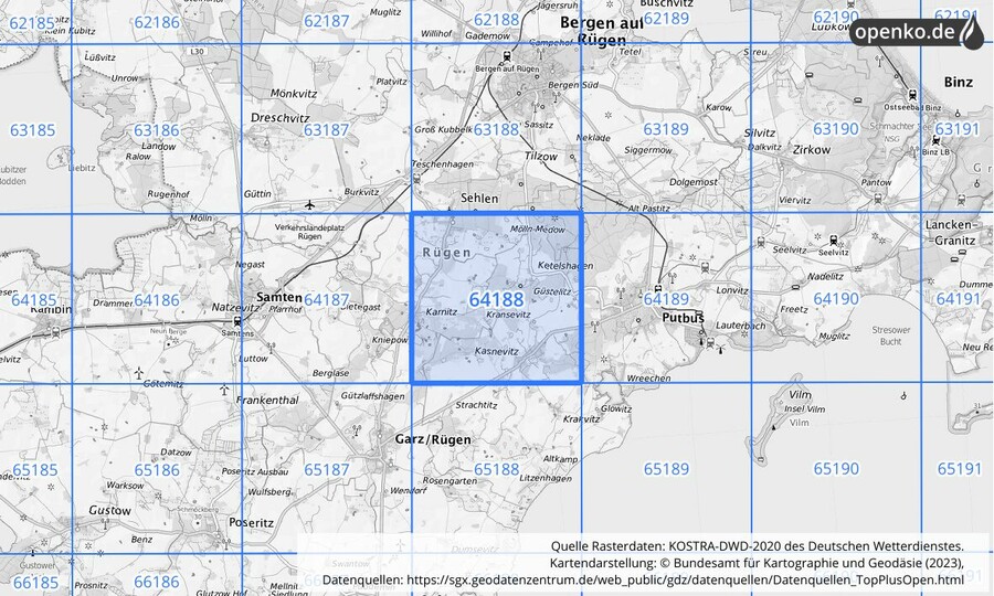 Übersichtskarte des KOSTRA-DWD-2020-Rasterfeldes Nr. 64188