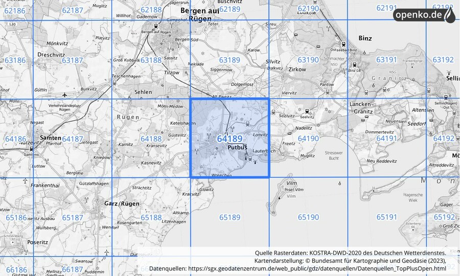 Übersichtskarte des KOSTRA-DWD-2020-Rasterfeldes Nr. 64189