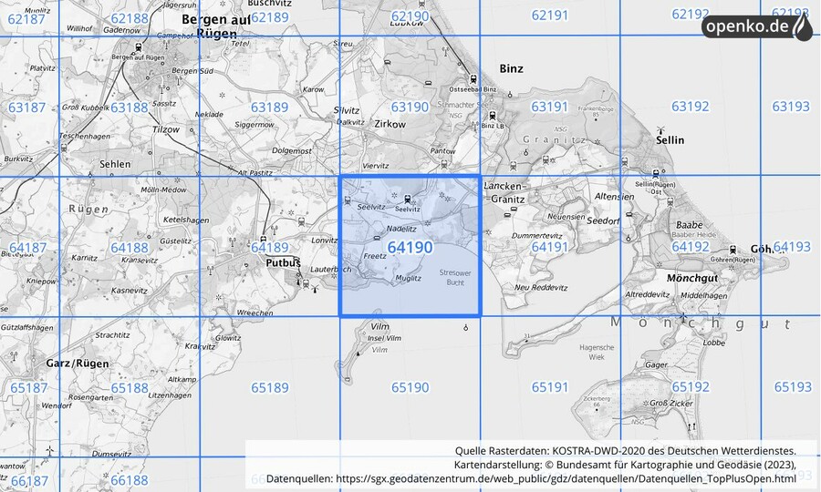 Übersichtskarte des KOSTRA-DWD-2020-Rasterfeldes Nr. 64190