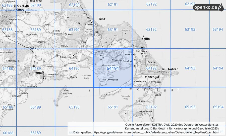 Übersichtskarte des KOSTRA-DWD-2020-Rasterfeldes Nr. 64191