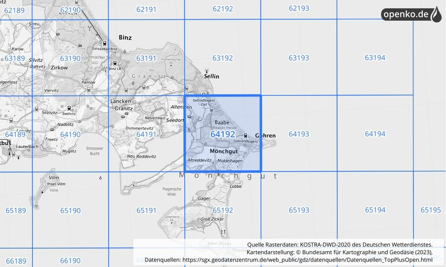 Übersichtskarte des KOSTRA-DWD-2020-Rasterfeldes Nr. 64192