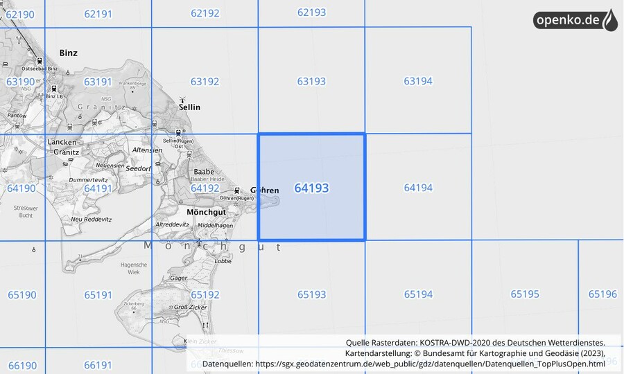 Übersichtskarte des KOSTRA-DWD-2020-Rasterfeldes Nr. 64193