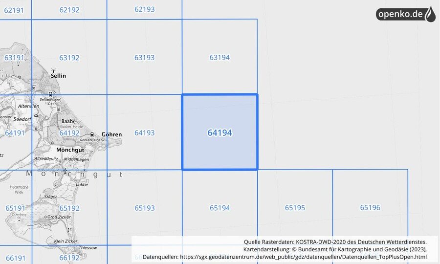 Übersichtskarte des KOSTRA-DWD-2020-Rasterfeldes Nr. 64194