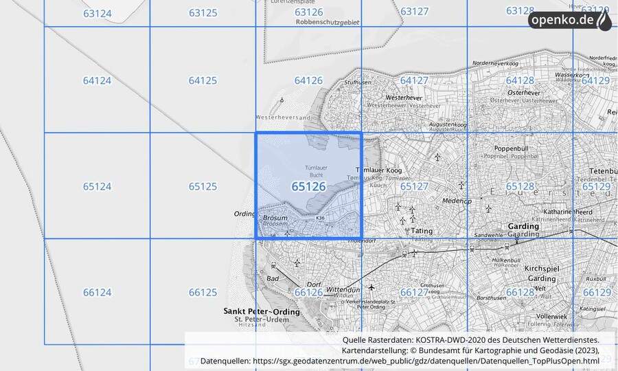 Übersichtskarte des KOSTRA-DWD-2020-Rasterfeldes Nr. 65126