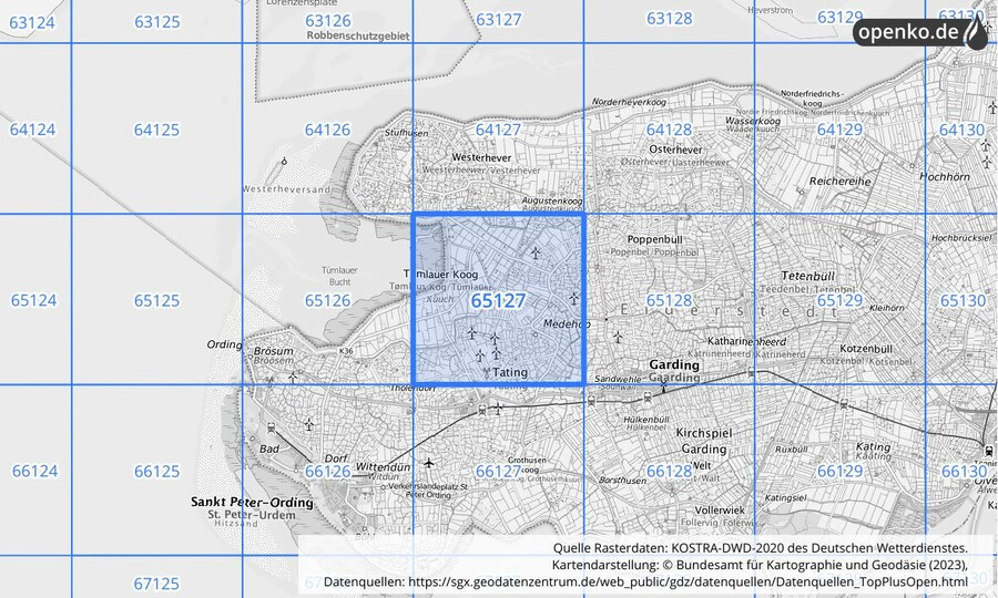 Übersichtskarte des KOSTRA-DWD-2020-Rasterfeldes Nr. 65127