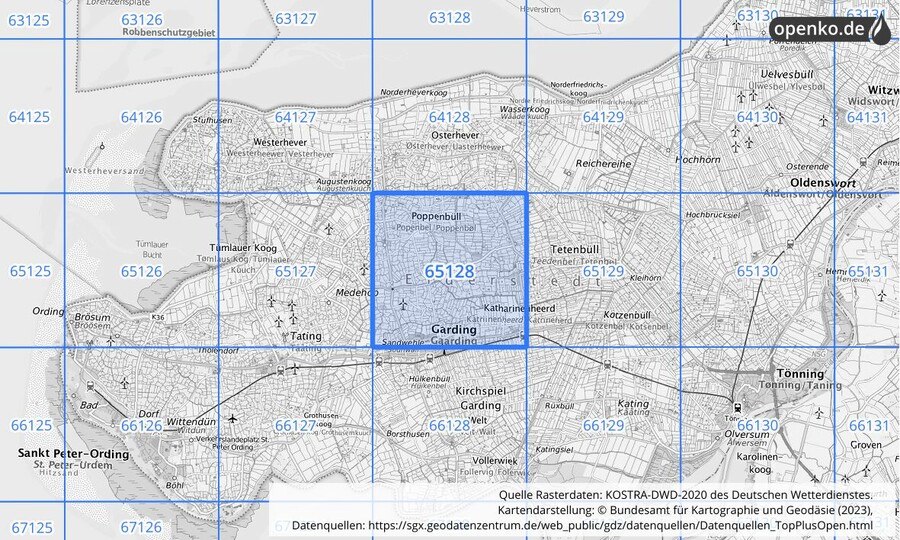 Übersichtskarte des KOSTRA-DWD-2020-Rasterfeldes Nr. 65128