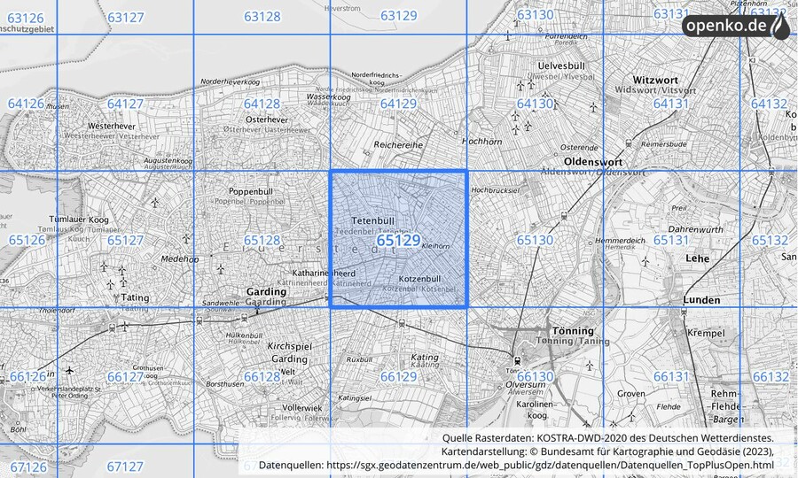 Übersichtskarte des KOSTRA-DWD-2020-Rasterfeldes Nr. 65129