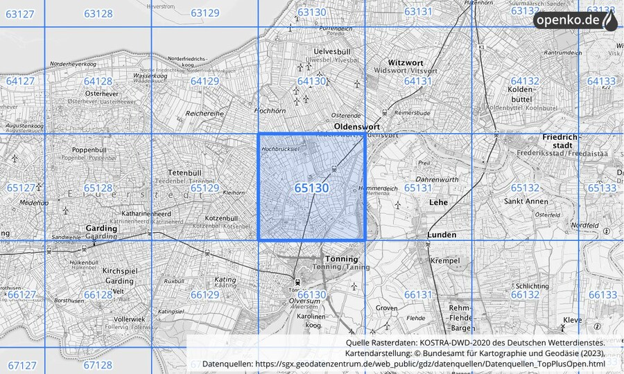 Übersichtskarte des KOSTRA-DWD-2020-Rasterfeldes Nr. 65130