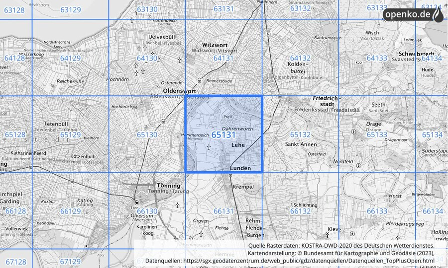 Übersichtskarte des KOSTRA-DWD-2020-Rasterfeldes Nr. 65131