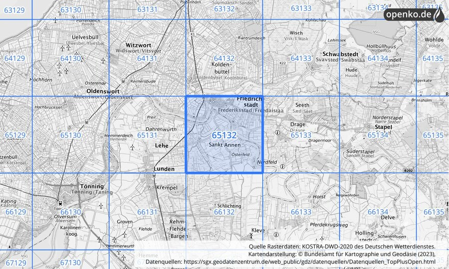Übersichtskarte des KOSTRA-DWD-2020-Rasterfeldes Nr. 65132