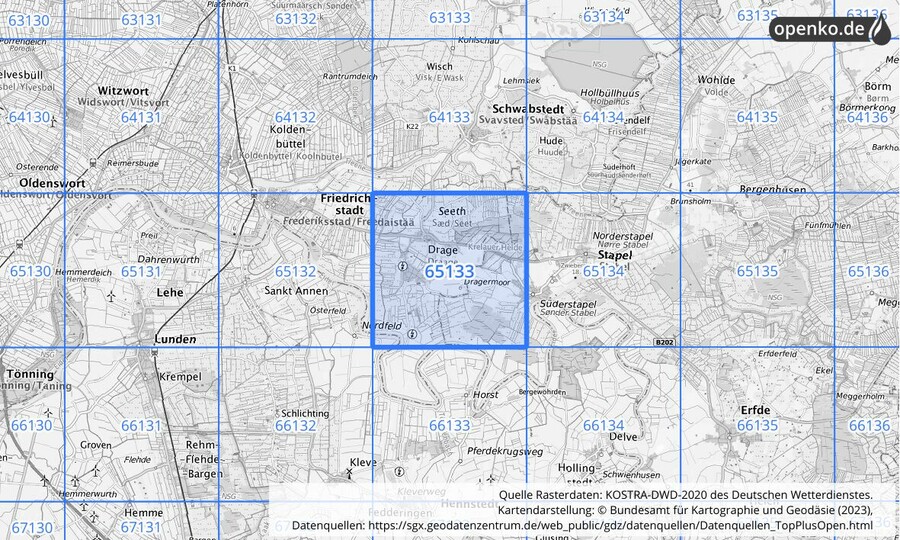 Übersichtskarte des KOSTRA-DWD-2020-Rasterfeldes Nr. 65133