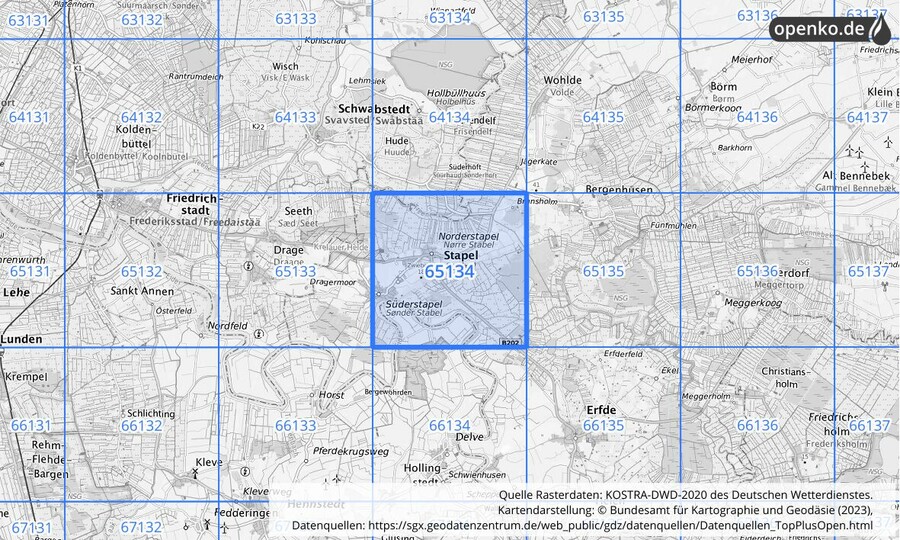 Übersichtskarte des KOSTRA-DWD-2020-Rasterfeldes Nr. 65134