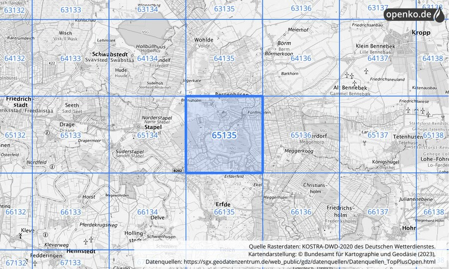 Übersichtskarte des KOSTRA-DWD-2020-Rasterfeldes Nr. 65135