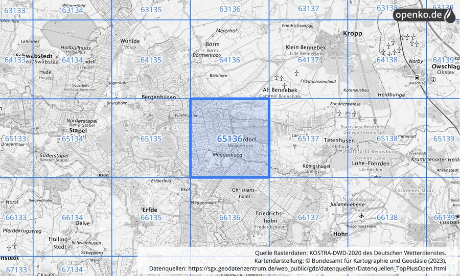 Übersichtskarte des KOSTRA-DWD-2020-Rasterfeldes Nr. 65136