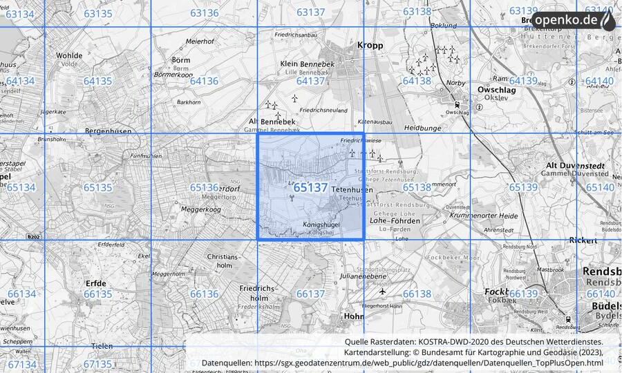 Übersichtskarte des KOSTRA-DWD-2020-Rasterfeldes Nr. 65137